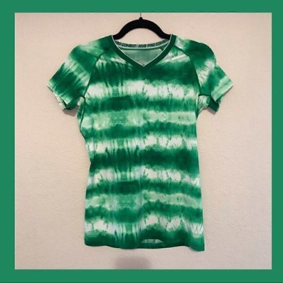 NWOT. Nike Pro Combat V Neck, green tye dye - Picture 1 of 3